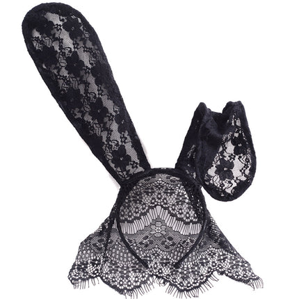 Fun Accessories New Lace Big Rabbit Ears Black Hair Band Mask Party Photography Halloween Headwear