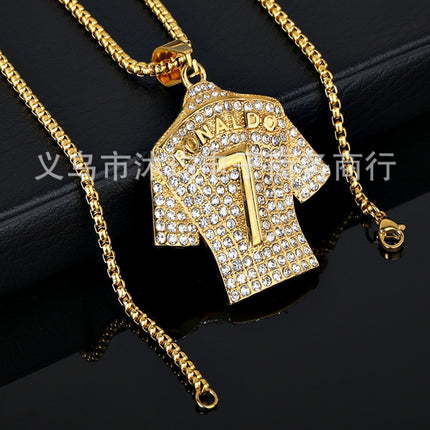 Temu Hip-Hop Titanium Steel Gold-Plated Diamond-Studded Football Superstar Jersey Number 7/10 Pendant Necklace with Row of Diamonds