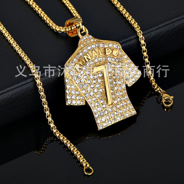 Temu Hip-Hop Titanium Steel Gold-Plated Diamond-Studded Football Superstar Jersey Number 7/10 Pendant Necklace with Row of Diamonds