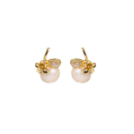 Natural freshwater pearl earrings micro inlaid white zircon flower white pearl earrings light luxury handmade earrings wholesale women