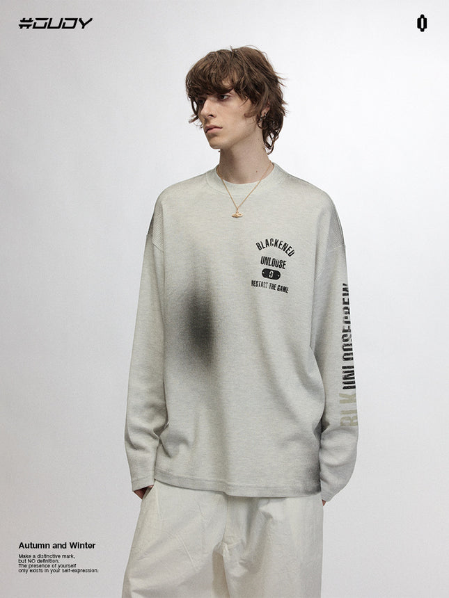 # Ovdy New Autumn and Winter Street Fashion Long-Sleeved T-Shirt 250g Waffle Fabric Asymmetrical Spray-Painted Top Trendy