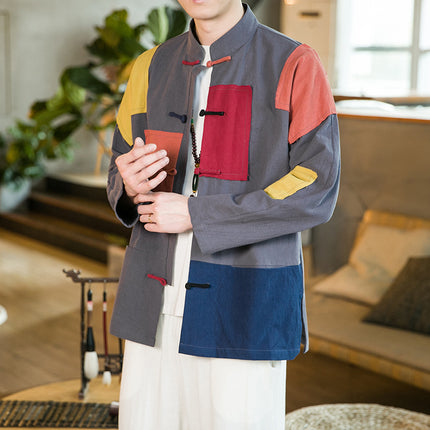 Cotton and Linen Spring 2022 Chinese Style Men's Clothing Stitching Vertical Collar Button Retro National Fashion Tang Suit Hanfu Jacket Coat