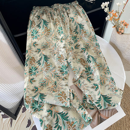 Real Shot Green Floral Wide Leg Pants Women's Summer 2025 New Seaside Vacation Cotton Linen Loose Lace-up Pants