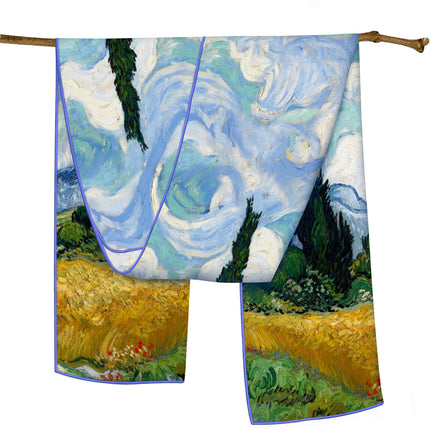 150cm Spring Long Van Gogh Oil Painting Series Starry Sky Women's Long Silk Scarf All-Match Shawl Scarf Scarf for All Seasons