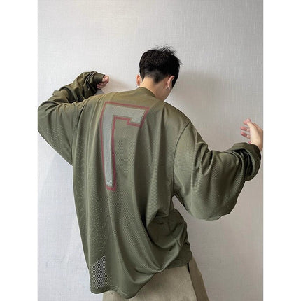 2026 Autumn and Winter New Retro Loose-Fitting Army Green Mesh Digital Print V-Neck Long-Sleeved T-Shirt Men's Jersey Ins