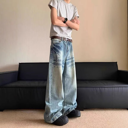 American Vibe High Street Retro Glacier Blue Fashionable Lightning Pattern Jeans Men's Washed Loose Straight Floor-Length Pants