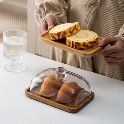 Bamboo and Wood Cake Plate Transparent Glass Display Dinner Plate Dessert Cake Western Food Plate with Table Cream Plate Cross-border Foreign Trade