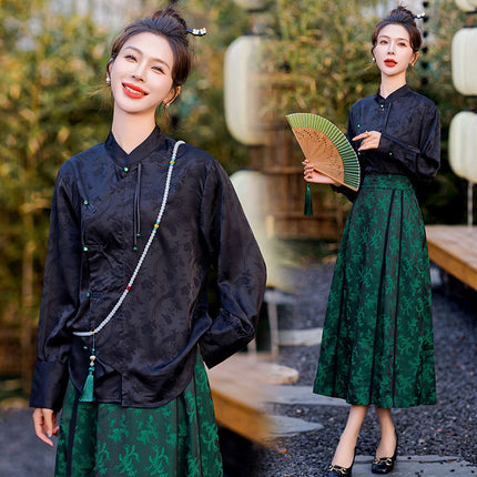 National style horse face skirt two-piece jacquard shirt elastic waist horse face skirt new Chinese 2024 new suit