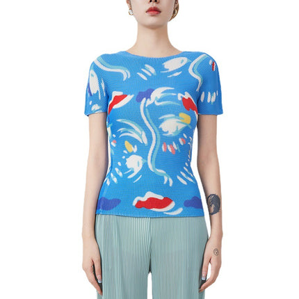 High-End Pleated Short-Sleeved Top for Women Summer Printed Slim-Fitting High-Elastic Tight-Fitting Large Size Garden Collar Accessible Luxury Miyake T-Shirt