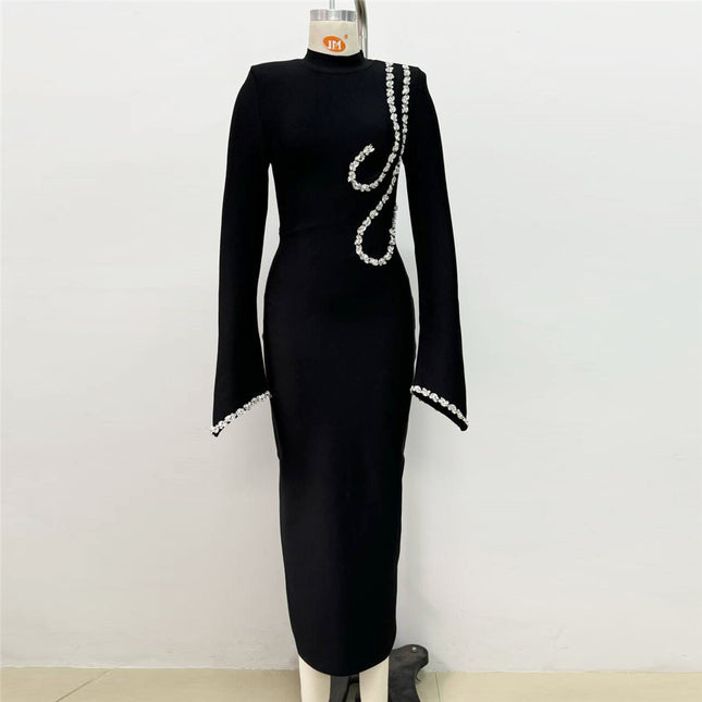 Europe and the United States cross-border new nail drill long sleeve tight bandage dress socialite elegant banquet dress dress