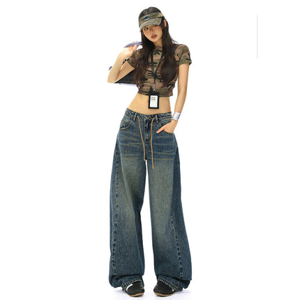 Retro Drawstring High Waist Wide Leg Jeans for Women 2025 Summer New Sexy Straight Loose Slimming Look Floor Mopping Pants