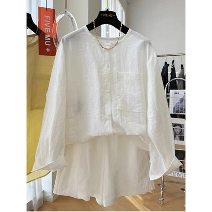High-End Pure Cotton and Linen Shirt + Short Two-Piece Fashion Set for Women, a Stunning Summer Outfit Complete Set