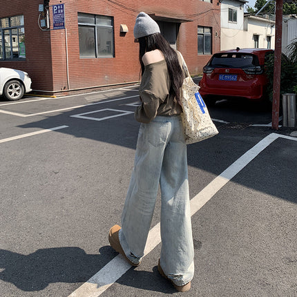 Design Sense Light Color Wide Leg Jeans Women's Autumn and Winter 2024 New Style Straight Tube Loose High Waist Slimming Pants