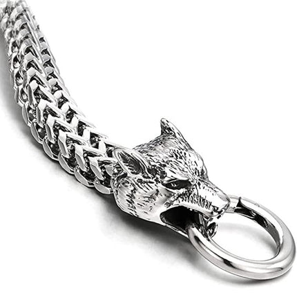 European and American Popular Stainless Steel Retro Stylish Viking Wolf Head Bracelet Wolf Head Franco Link Chain Bracelet for Men