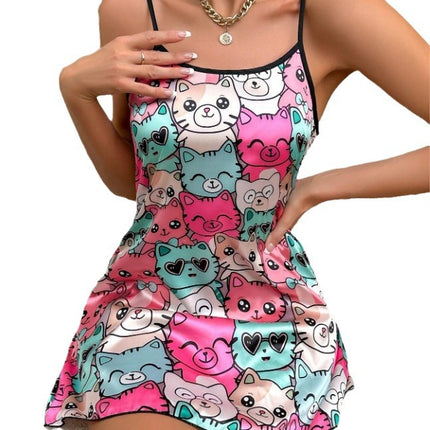 Cross-Border Foreign Trade Sexy Backless Suspender Dress Imitation Silk Nightgown Summer Printed Pajamas Short Skirt Women's Home Clothes
