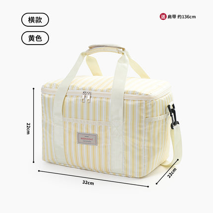 Vertical Stripesd Thermal Insulation Picnic Bag Outdoor Travel Camping Style Satchel Storage Bag Thickeneded Large Capacity Waterproof and Stain-Resistant