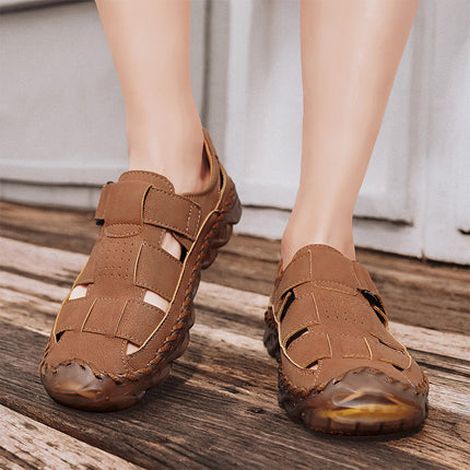 Cross-Border Hot-Selling Summer New Products Large Size Hand-Stitched Casual Breathable Mesh Genuine Leather Toe-Cap Sandals and River Shoes