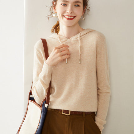 Autumn and Winter Hooded Cashmere Sweater Cashmere Long-Sleeved Pullover Versatile Pure Color Windproof Warm Hooded Cashmere Sweater for Women