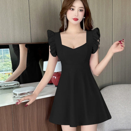 Real shot 8906 sexy A- word dress low-cut flying sleeve fashion temperament waist big swing foot bath technician work clothes