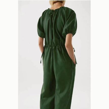 C*Os Women's Loose Fit Puff Sleeve Ruched Jumpsuit in Dark Green, 2025 Spring/Summer New Elegant Commuter Style