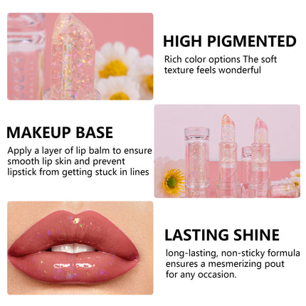 3Color Glitter Color-Changing Lip Balm,Anti-Drying and Long-Lasting Moisturizing Lip Oil, Moisturizing Jelly Lipstick Makeup