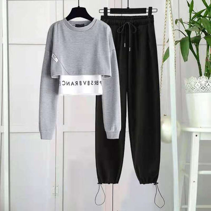 Fried Street Age-reducing Western Style Three-piece Suit Women's 2021 Spring Fashion Short Sweater Sports Casual Trendy Pants