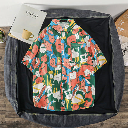 Summer Short-Sleeved Shirt for Men Ins Retro Funny Human Head Personalized Print Trendy Brand Korean Style Loose Shirt Trendy Top