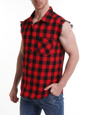 Europe and the United States cross-border personality men's jacket plaid sleeveless shirt men's casual shirt tassel craft shirt foreign trade fixed