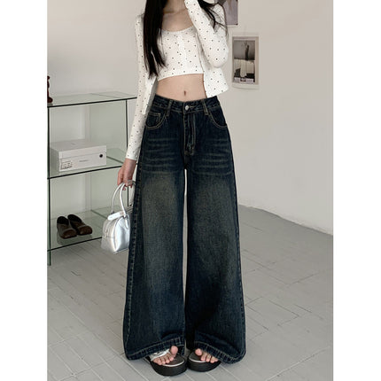 Spring New Retro dark blue Wide Leg Mop Jeans Women
