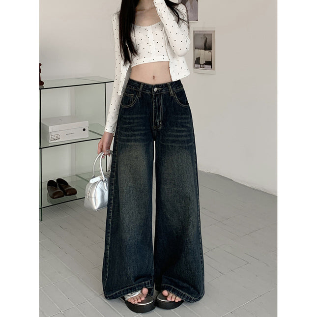 Spring New Retro dark blue Wide Leg Mop Jeans Women
