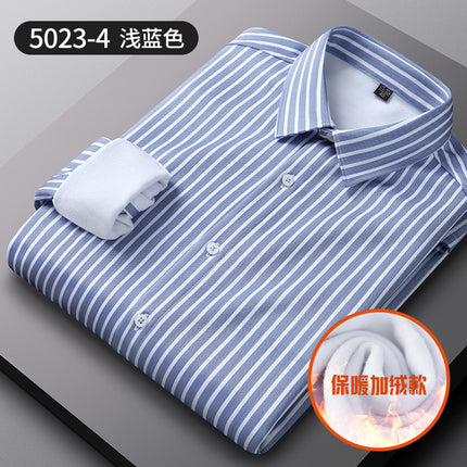 Winter New Elastic Warm One-piece Velvet Casual Men's Shirt Business Cold-proof fleece-lined Striped Shirt for Middle-aged and Elderly