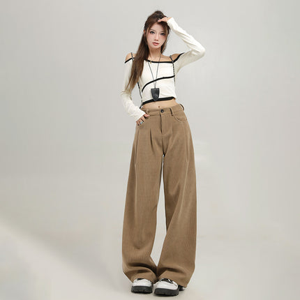 4 Color Corduroy Pleated Wide Leg Casual Pants Women's 2024 Autumn and Winter New High Waist Loose Slimming Straight Pants