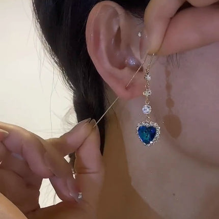 Heart to Heart Blue Crystal Love Ear Line Women's Light Luxury High-end Sense Long Face Slim Elegant All-match Earrings