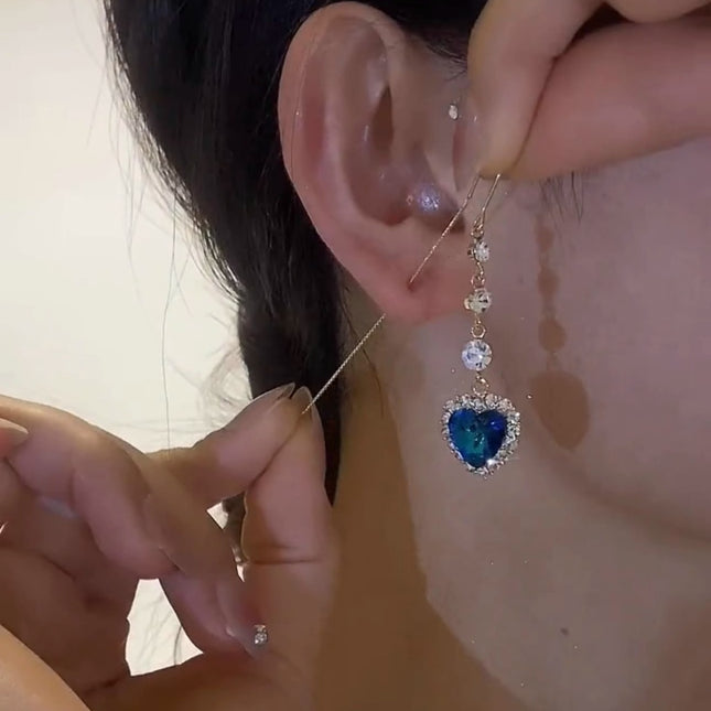Heart to Heart Blue Crystal Love Ear Line Women's Light Luxury High-end Sense Long Face Slim Elegant All-match Earrings