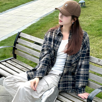 New Spring and Autumn Korean Style Lazy Brushed Wool Plaid Shirt Women's Versatile Trendy Loose Casual Mid-Length Jacket