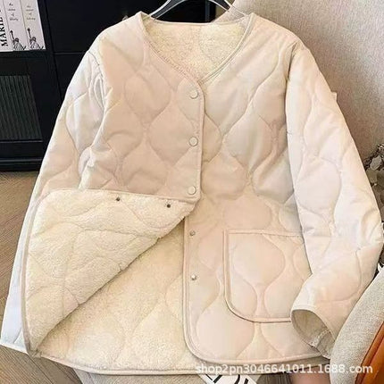 2025 Collarless Lamb Wool Spliced Diamond Plaid Winter K-Style Loose Small Fragrance Style Warm Cotton Coat Women's Cold Protection