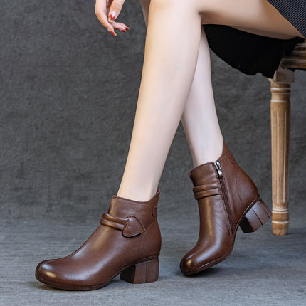 Women's Boots 2025 Autumn and Winter New Style Thick Medium Heel Soft Sole First Layer Cowhide Fleece-Lined and Cotton Short Boots for Middle-Aged and Elderly Women
