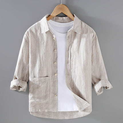 G062 New Summer Linen Men's Youth Three-Quarter Sleeve Shirt Loose Casual Versatile Japanese Style Style One Piece Drop Shipping