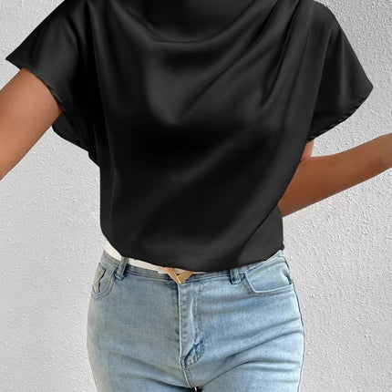 2026 Cross-Border Hot-Selling New Product Round Neck Short-Sleeve Left Shoulder Ruched T-Shirt Satin Women's Top Wholesale in Stock