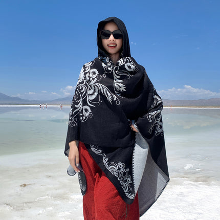 Xinjiang, Xizang, Inner Mongolia Travel Wear Red Shawl Large Cloak Scarf Ethnic Style Outer Warm Cloak for Women