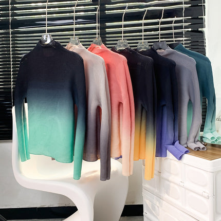 Textured Pleated Bottoming Shirt for Women, Elegant High Collar, Slim Fit, Miyake Non-Balling Gradient Long-Sleeved T-Shirt Top