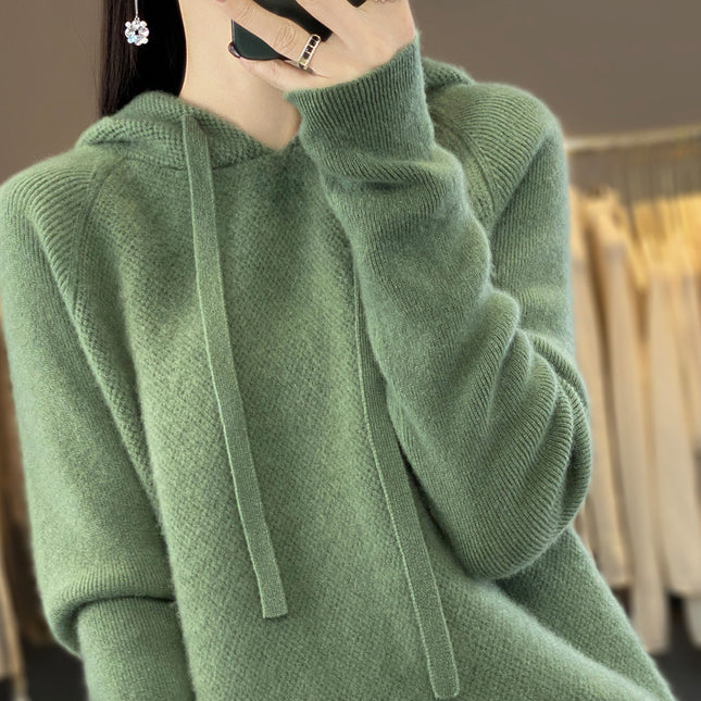 First-line clothing pure wool 2025 spring new women's short solid color hoodie pullover base sweater sweater