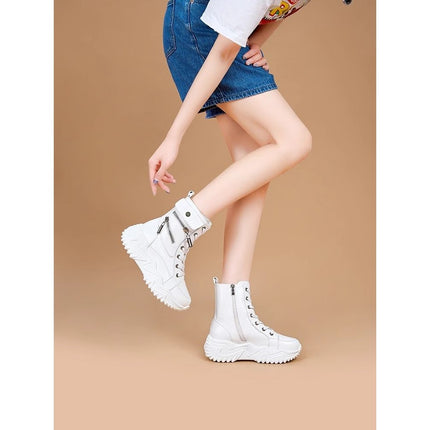 High-Top White Shoes 2025 Spring New Platform Thick-Soled Women's Shoes Versatile Leather Sports Shoes Fashionable Casual Short Boots