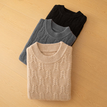 Autumn and Winter Cashmere Casual Versatile Loose Men's Solid Color Cable Knit Round Neck Pullover Wool Sweater