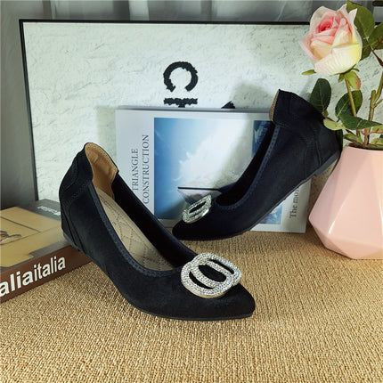 Women's Height-Increasing Shoes 2026 Spring New Suede Rhinestone Pointed Toe Shallow Wedge Comfortable Trendy Loafers