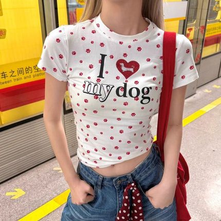 Spring American Retro Heart Print Dog Paw Full Print Short T-Shirt Female Sexy Slimming Look Top