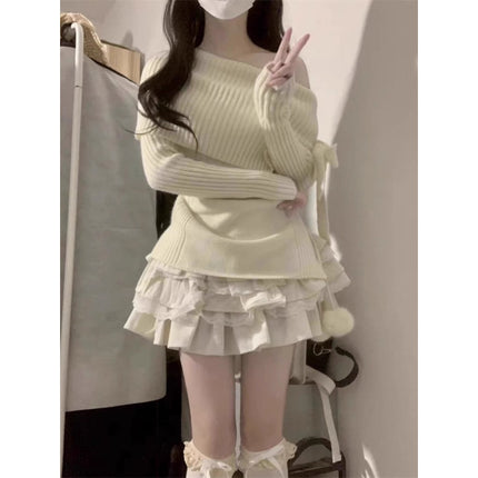 off-shoulder ambience long-sleeved sweet sweater top little cake pure skirt academic style suit