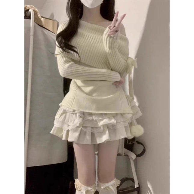 off-shoulder ambience long-sleeved sweet sweater top little cake pure skirt academic style suit