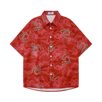 Cross-border Trade Trendy Brand Retro Year of the Snake Xiangyun Loose Beach Shorts Full Print Couple High Street Casual Pants Two-piece Set