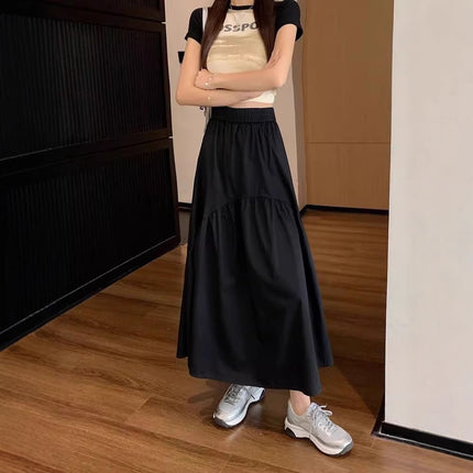 Summer Army Green pleated pleated skirt for children 2024 new small elastic waist A- line long skirt worker